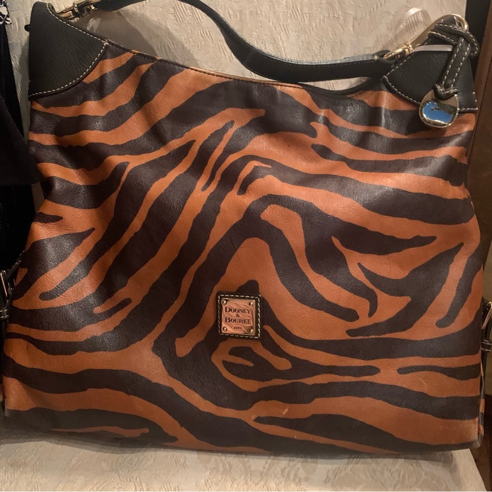 dooney and bourke leather brown black zebra purse bag large white stitching